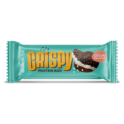 BioTechUSA Crispy Protein Bar - Barretta proteica croccante al cacao, base ricoperta di cioccolato bianco, con proteine del latte estruse, pezzettini di biscotti, zuccheri ed edulcoranti, senza glutine.