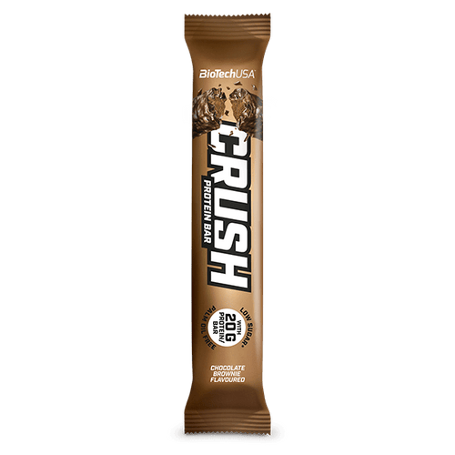 Barretta ad alto contenuto proteico con rivestimento di cioccolato croccante.