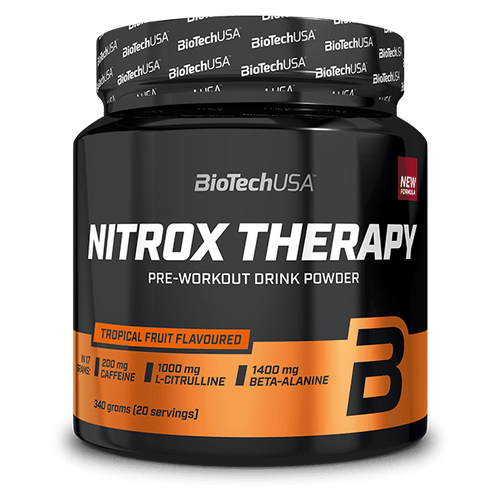 BioTechUSA Nitrox Therapy bevanda in polvere pre-allenamento con zuccheri ed edulcorante, aminoacidi, vitamine e minerali, 200 mg di caffeina per dose giornaliera.